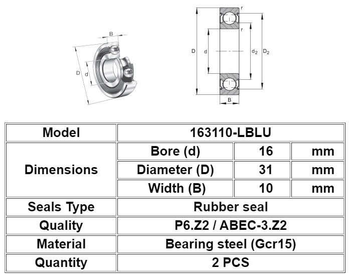 163110-2RS Rulman Sabit Bilyalı Bisiklet Boyutu 16mm X 31mm X 10mm